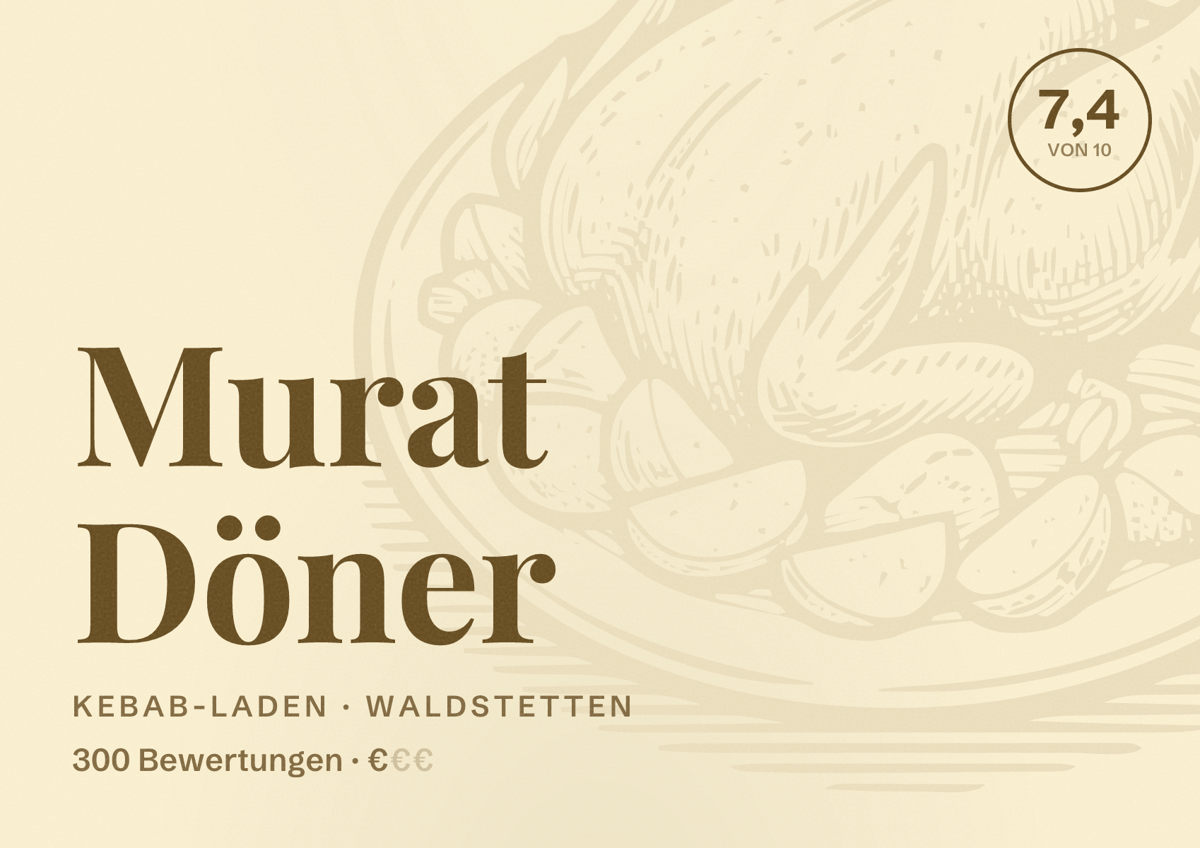 Illustriertes Poster von Murat Döner, Kebab-Laden in Waldstetten: Bewertung 7,4 von 10 aus 300 Bewertungen, Preisniveau €