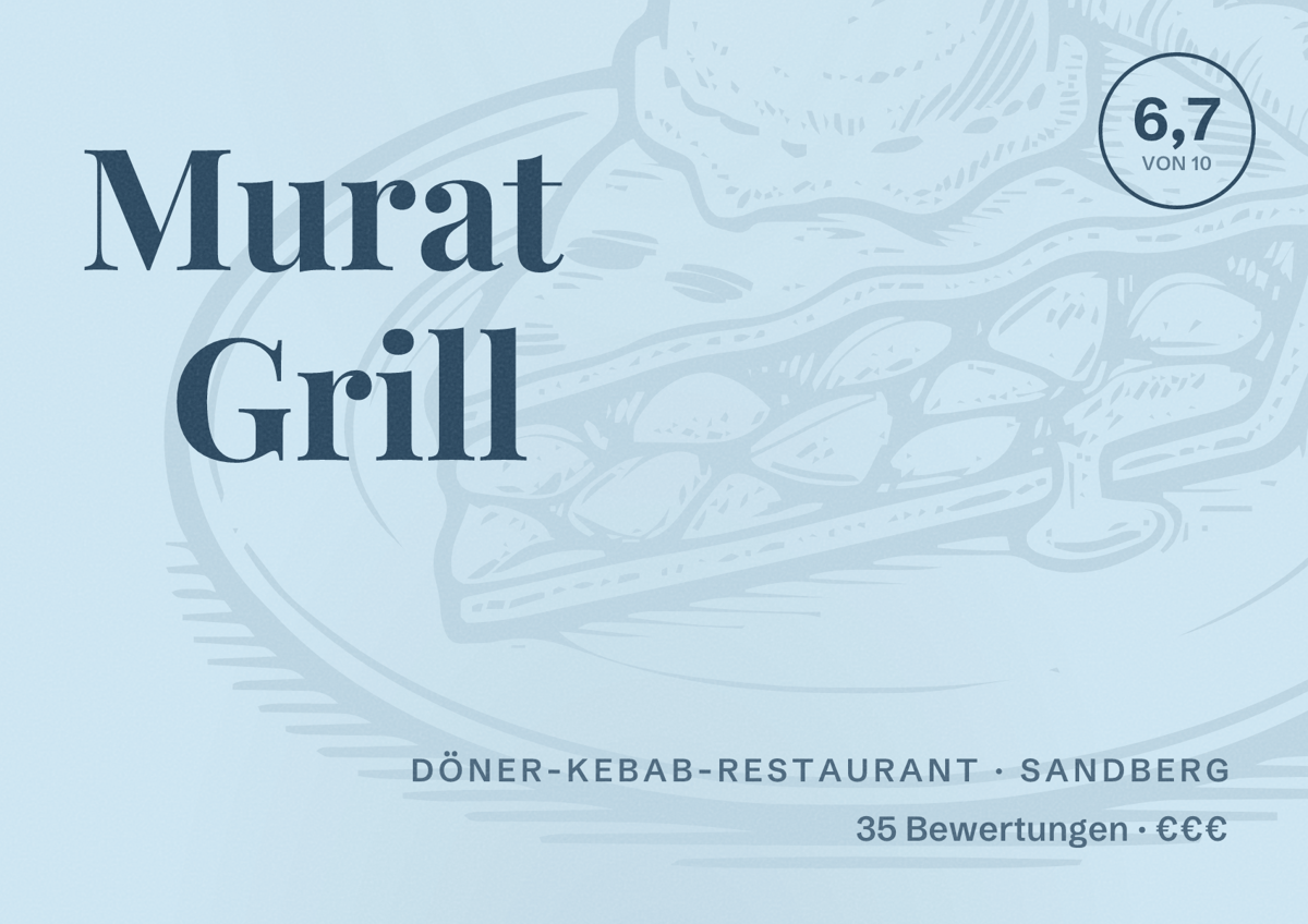Illustriertes Poster von Murat Grill, Döner-Kebab-Restaurant in Sandberg: Bewertung 6,7 von 10 aus 35 Bewertungen, Preisniveau €€€