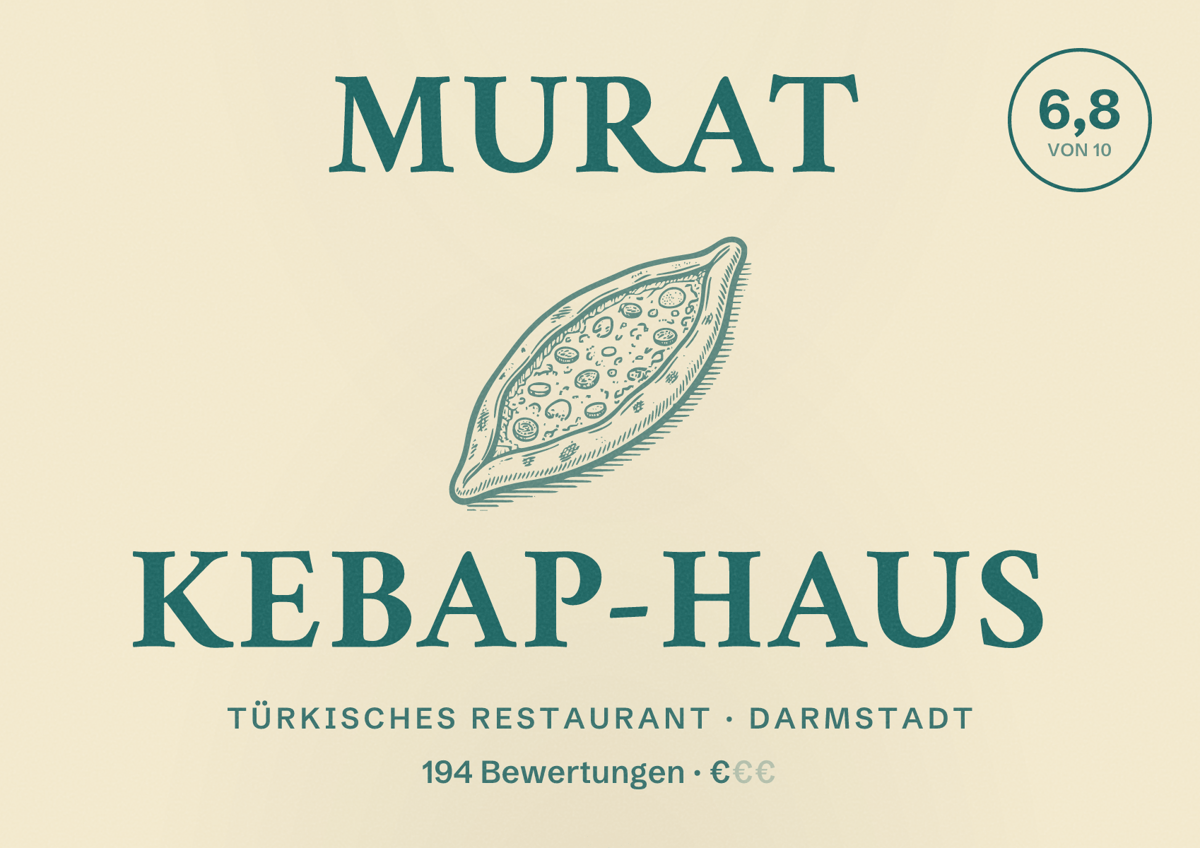 Illustriertes Poster von Murat Kebap-Haus, Türkisches Restaurant in Darmstadt: Bewertung 6,8 von 10 aus 194 Bewertungen, Preisniveau €