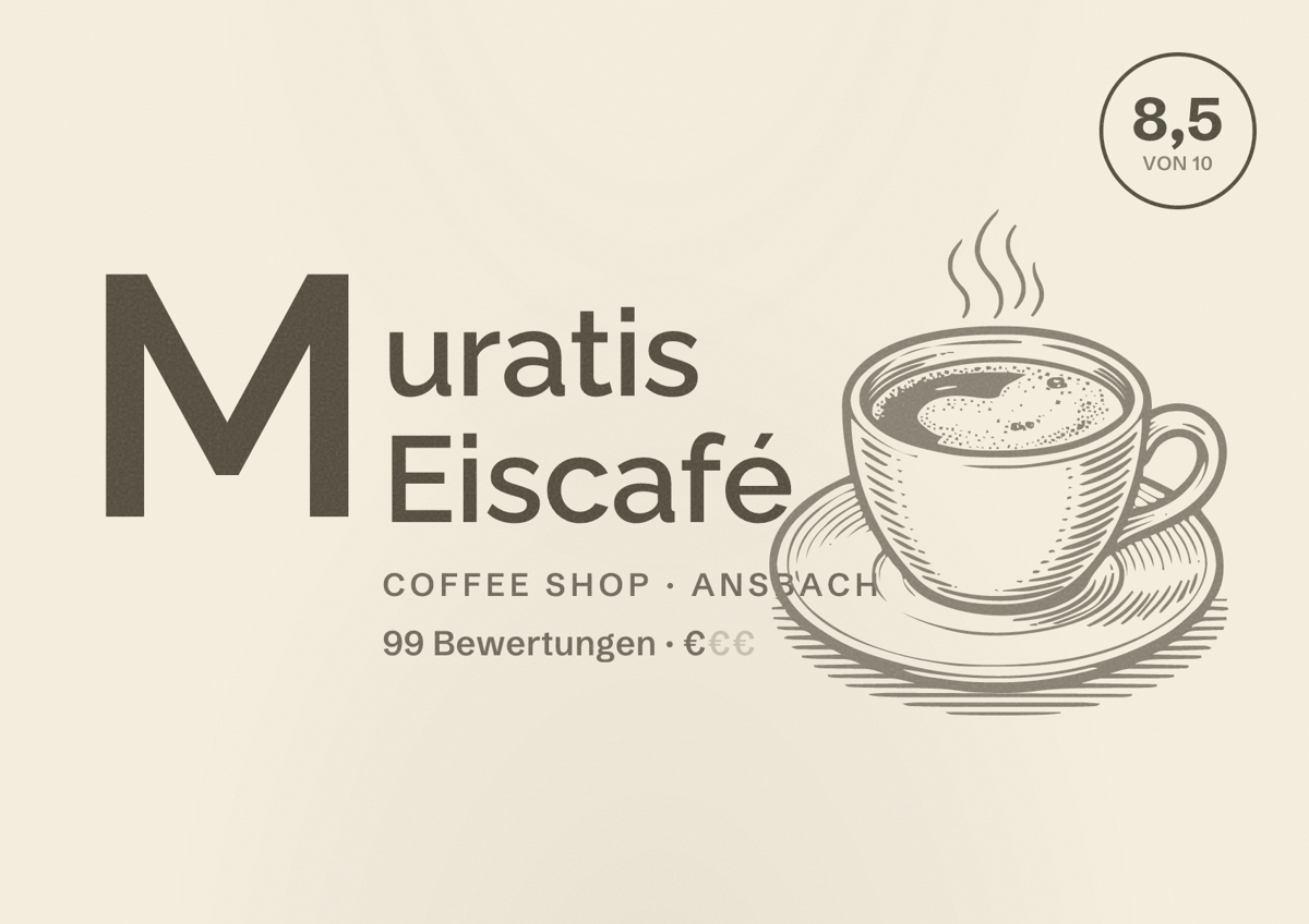 Illustriertes Poster von Muratis Eiscafé, Coffee Shop in Ansbach: Bewertung 8,5 von 10 aus 99 Bewertungen, Preisniveau €