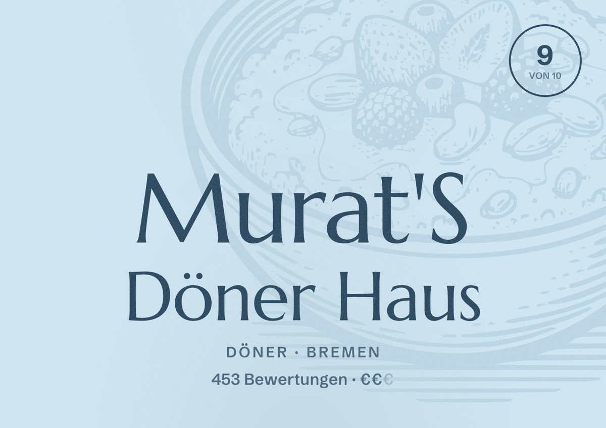 Illustriertes Poster von Murat'S Döner Haus, Döner in Bremen: Bewertung 9 von 10 aus 453 Bewertungen, Preisniveau €€