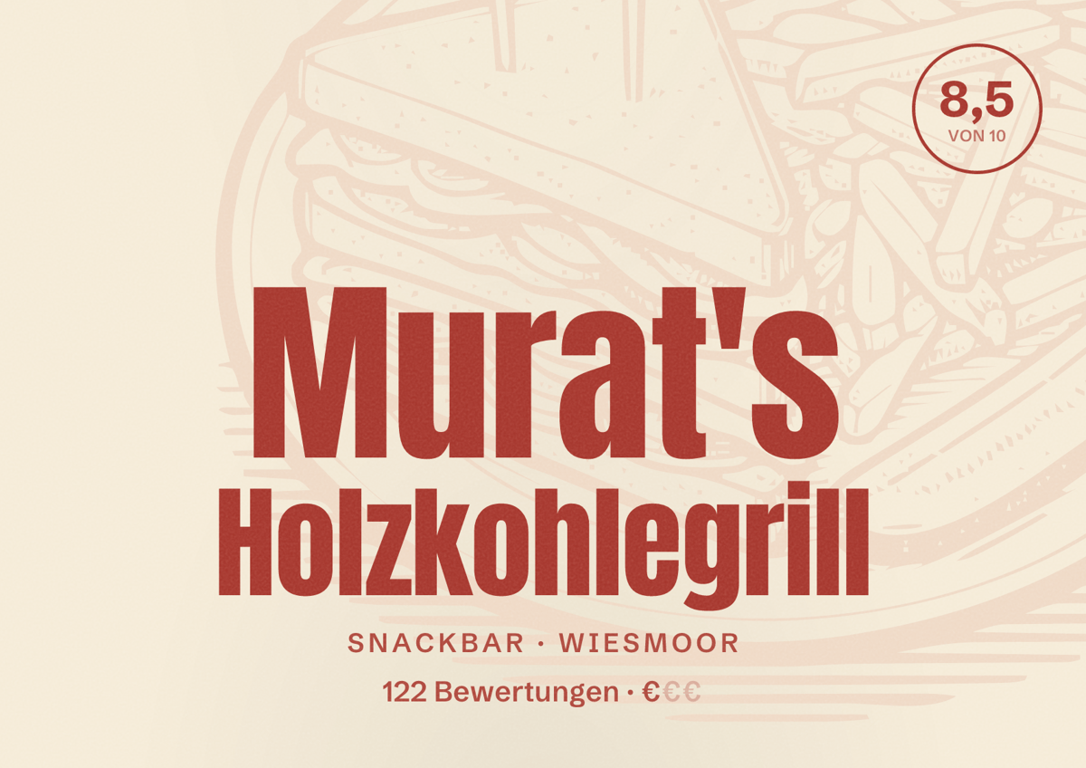 Illustriertes Poster von Murat's Holzkohlegrill, Snackbar in Wiesmoor: Bewertung 8,5 von 10 aus 122 Bewertungen, Preisniveau €