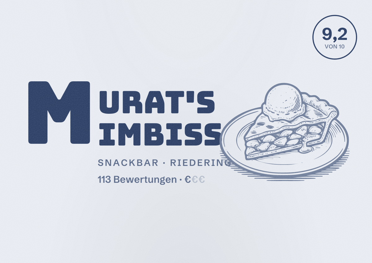 Illustriertes Poster von Murat's Imbiss, Snackbar in Riedering: Bewertung 9,2 von 10 aus 113 Bewertungen, Preisniveau €