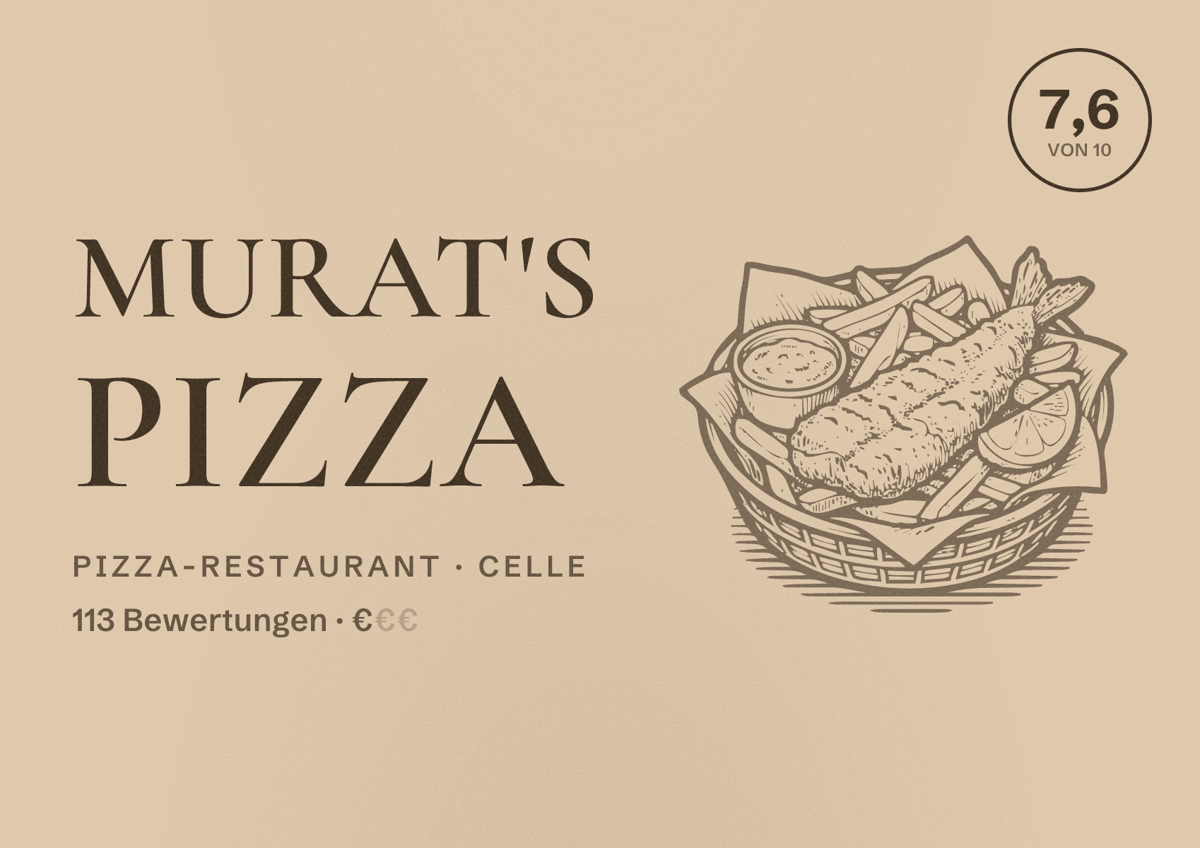 Illustriertes Poster von Murat's Pizza, Pizza-Restaurant in Celle: Bewertung 7,6 von 10 aus 113 Bewertungen, Preisniveau €