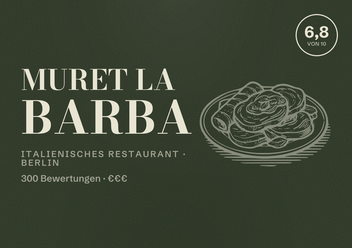 Illustriertes Poster von Muret La Barba, Italienisches Restaurant in Berlin: Bewertung 6,8 von 10 aus 300 Bewertungen, Preisniveau €€€