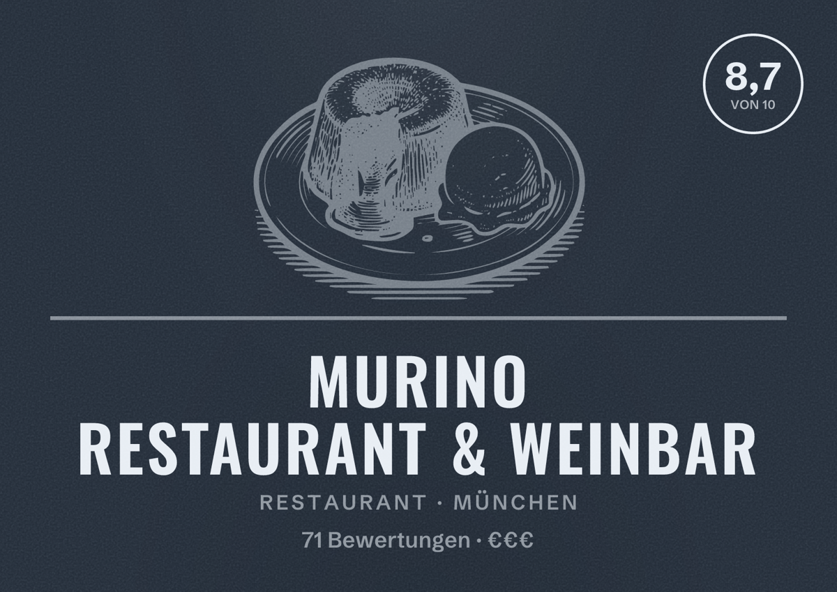 Illustriertes Poster von MURINO Restaurant & Weinbar, Restaurant in München: Bewertung 8,7 von 10 aus 71 Bewertungen, Preisniveau €€€