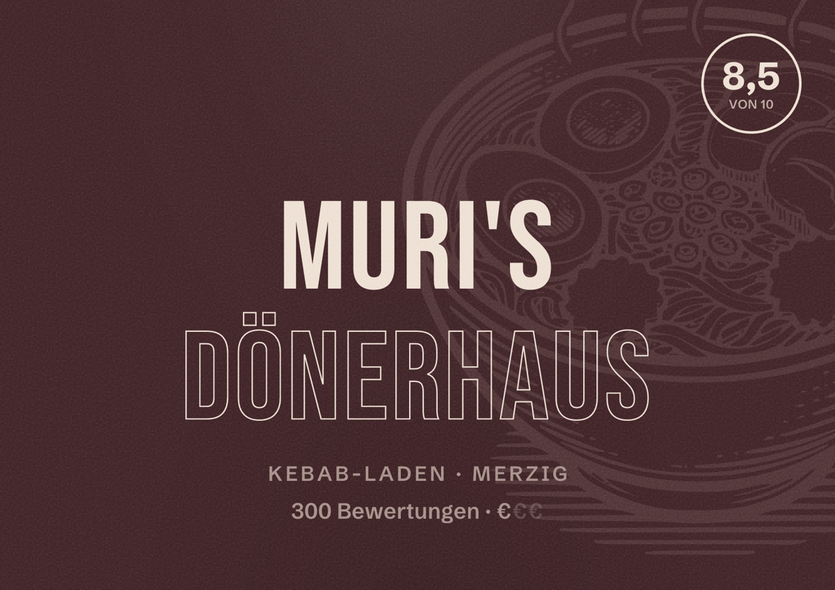 Illustriertes Poster von Muri's Dönerhaus, Kebab-Laden in Merzig: Bewertung 8,5 von 10 aus 300 Bewertungen, Preisniveau €