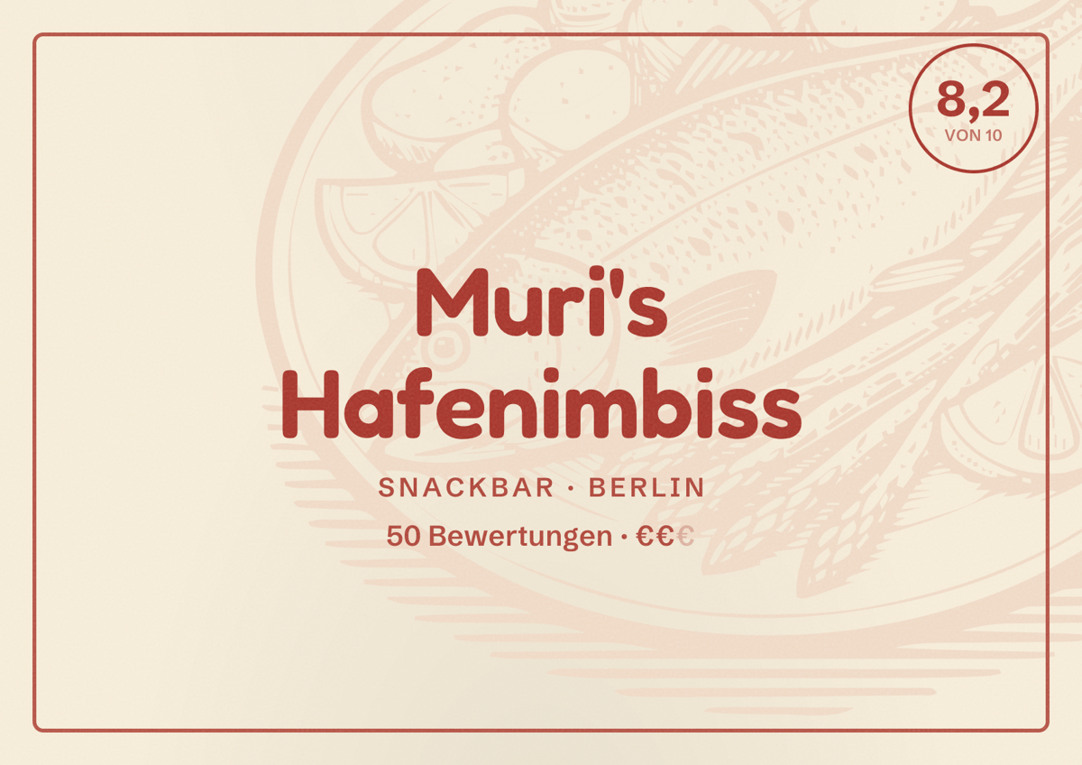 Illustriertes Poster von Muri's Hafenimbiss, Snackbar in Berlin: Bewertung 8,2 von 10 aus 50 Bewertungen, Preisniveau €€