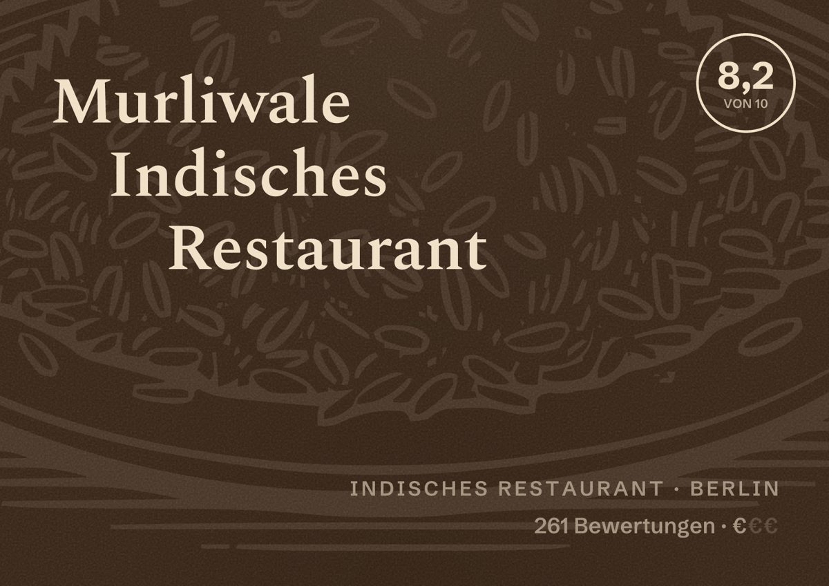 Illustriertes Poster von Murliwale Indisches Restaurant, Indisches Restaurant in Berlin: Bewertung 8,2 von 10 aus 261 Bewertungen, Preisniveau €