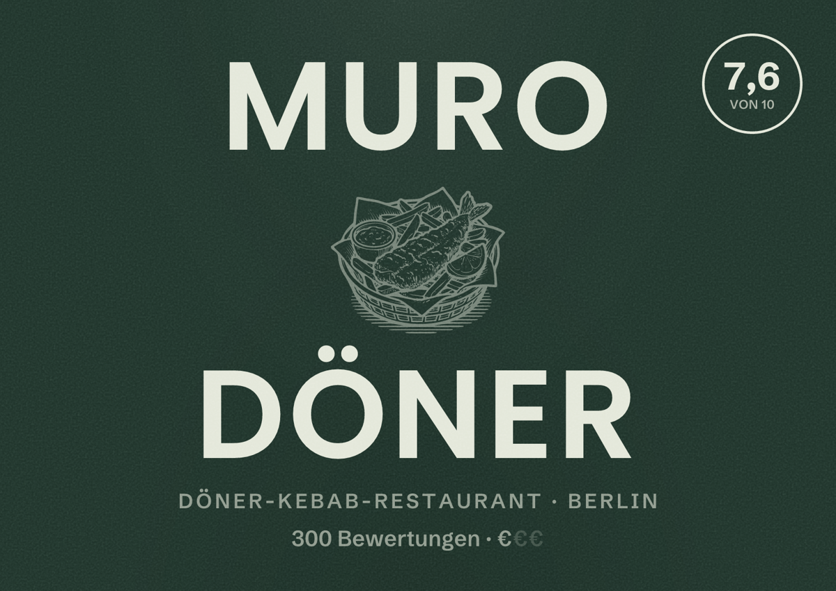 Illustriertes Poster von Muro Döner, Döner-Kebab-Restaurant in Berlin: Bewertung 7,6 von 10 aus 300 Bewertungen, Preisniveau €