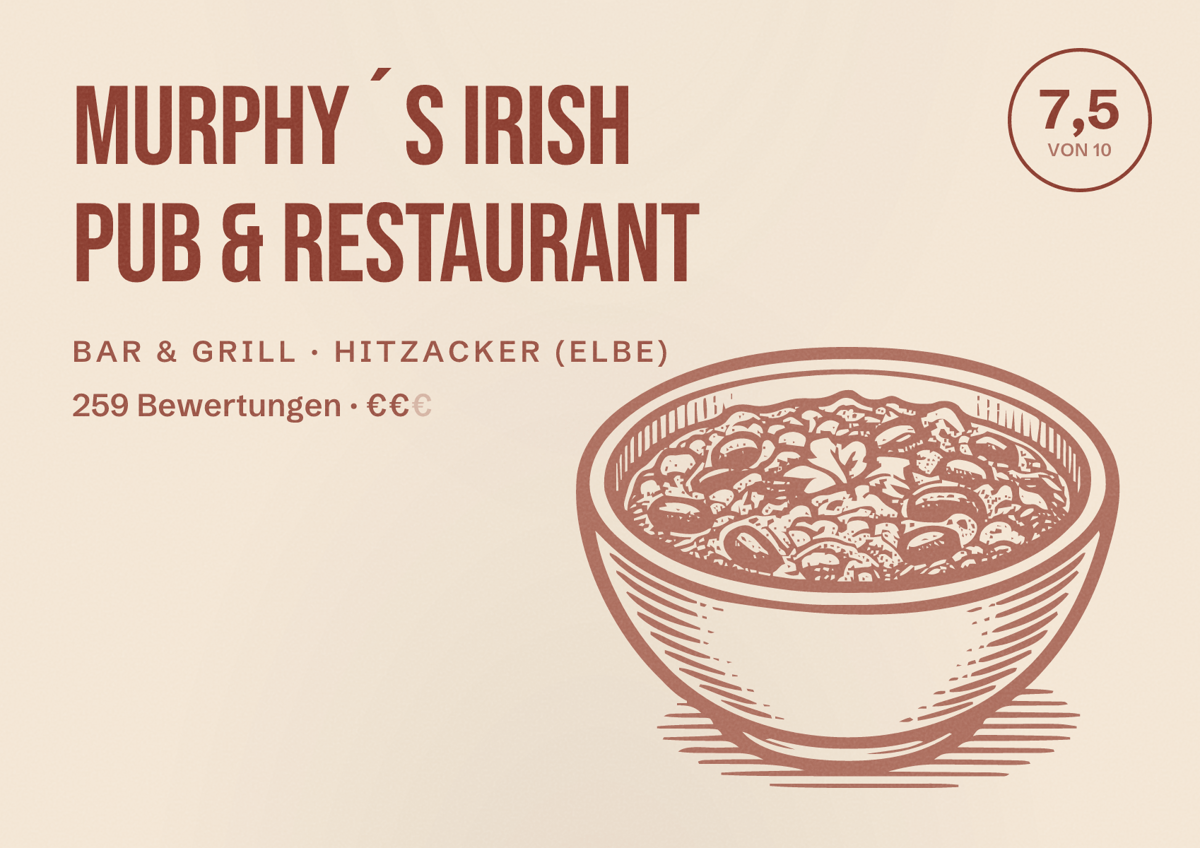 Illustriertes Poster von Murphy´s Irish Pub & Restaurant, Bar & Grill in Hitzacker (Elbe): Bewertung 7,5 von 10 aus 259 Bewertungen, Preisniveau €€