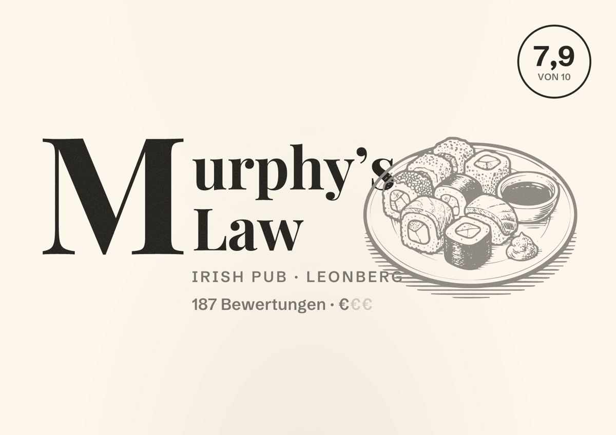 Illustriertes Poster von Murphy’s Law, Irish Pub in Leonberg: Bewertung 7,9 von 10 aus 187 Bewertungen, Preisniveau €