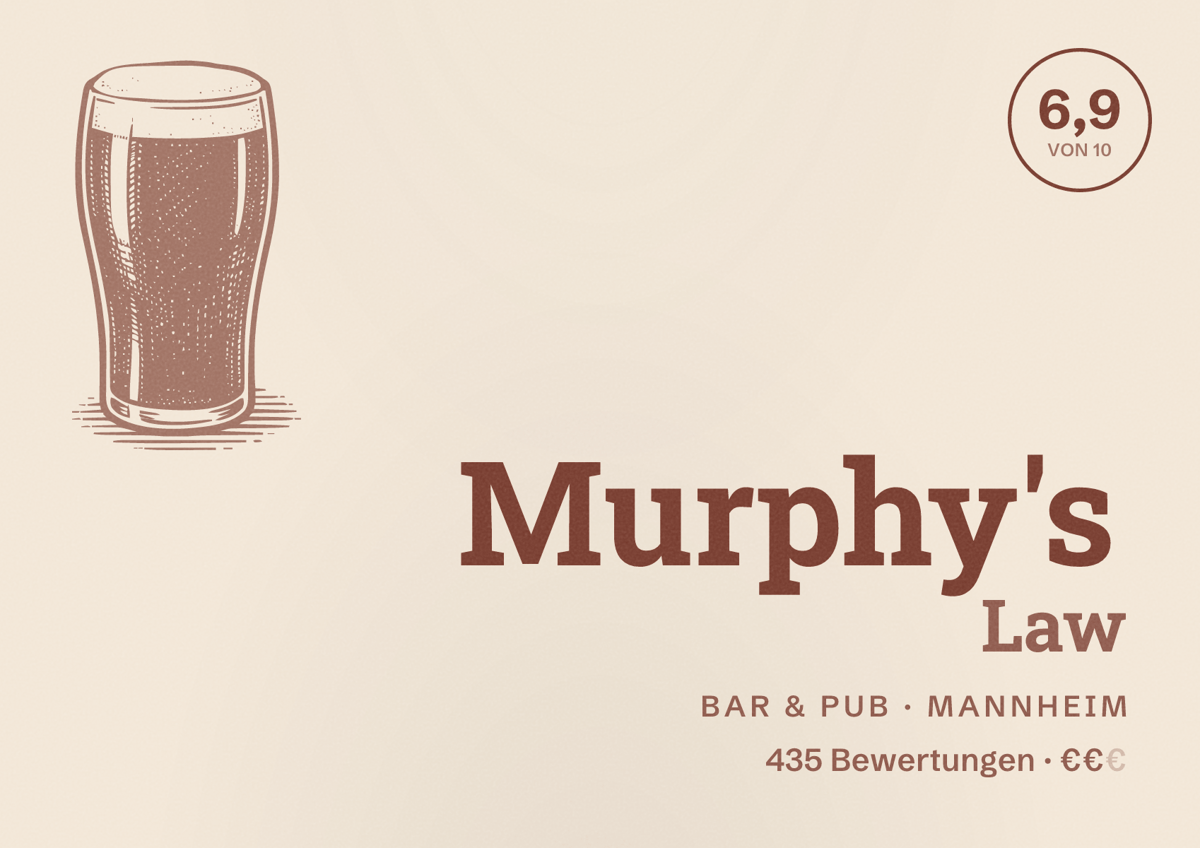 Illustriertes Poster von Murphy's Law, Bar & Pub in Mannheim: Bewertung 6,9 von 10 aus 435 Bewertungen, Preisniveau €€