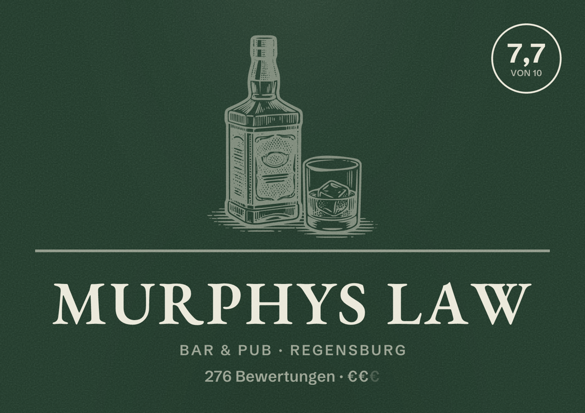 Illustriertes Poster von Murphys Law, Bar & Pub in Regensburg: Bewertung 7,7 von 10 aus 276 Bewertungen, Preisniveau €€