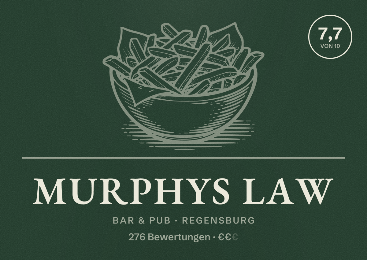 Illustriertes Poster von Murphys Law, Bar & Pub in Regensburg: Bewertung 7,7 von 10 aus 276 Bewertungen, Preisniveau €€