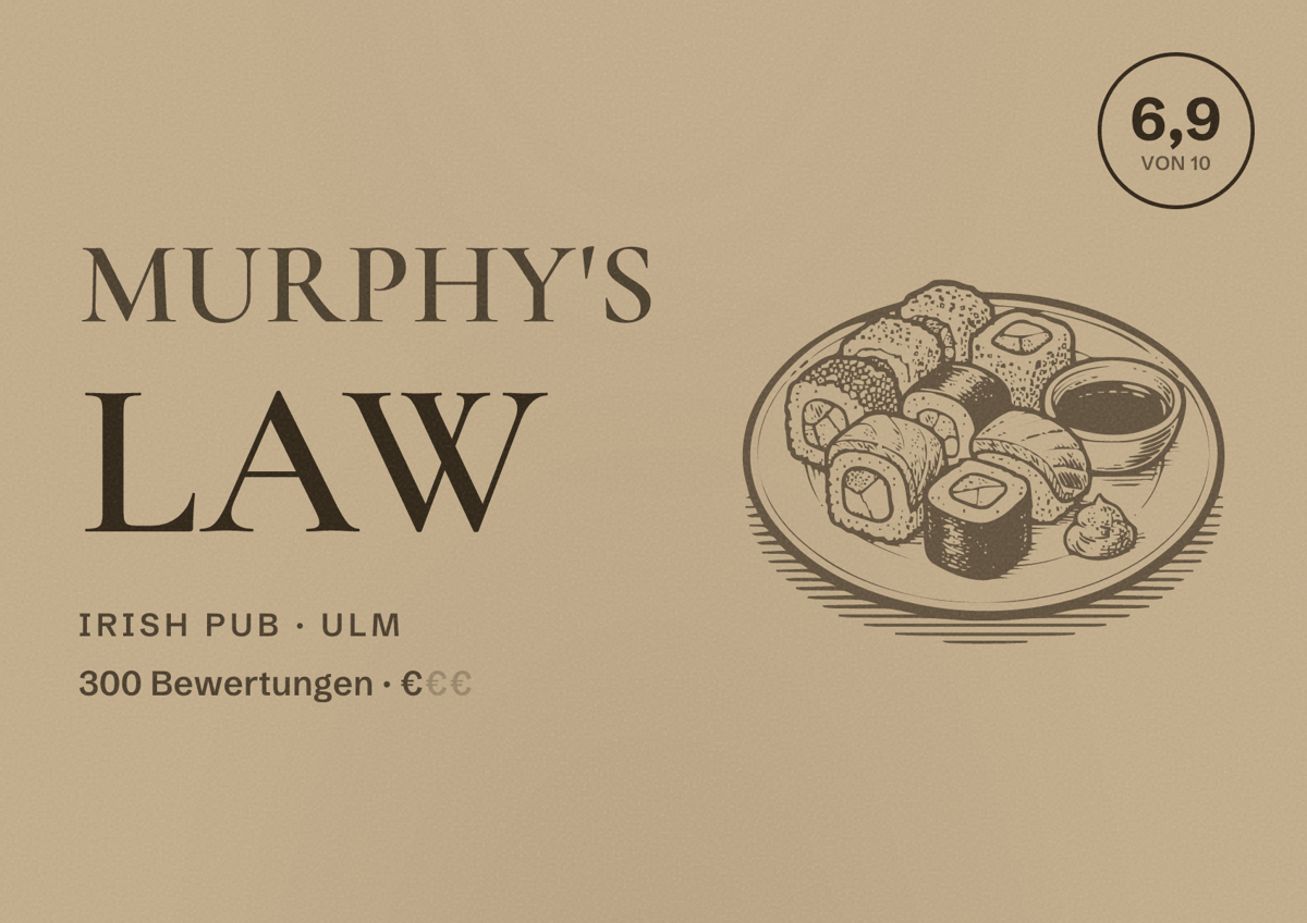Illustriertes Poster von Murphy's Law, Irish Pub in Ulm: Bewertung 6,9 von 10 aus 300 Bewertungen, Preisniveau €