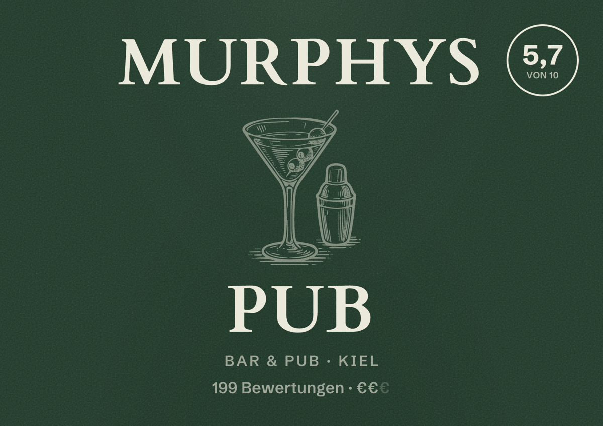 Illustriertes Poster von Murphys Pub, Bar & Pub in Kiel: Bewertung 5,7 von 10 aus 199 Bewertungen, Preisniveau €€