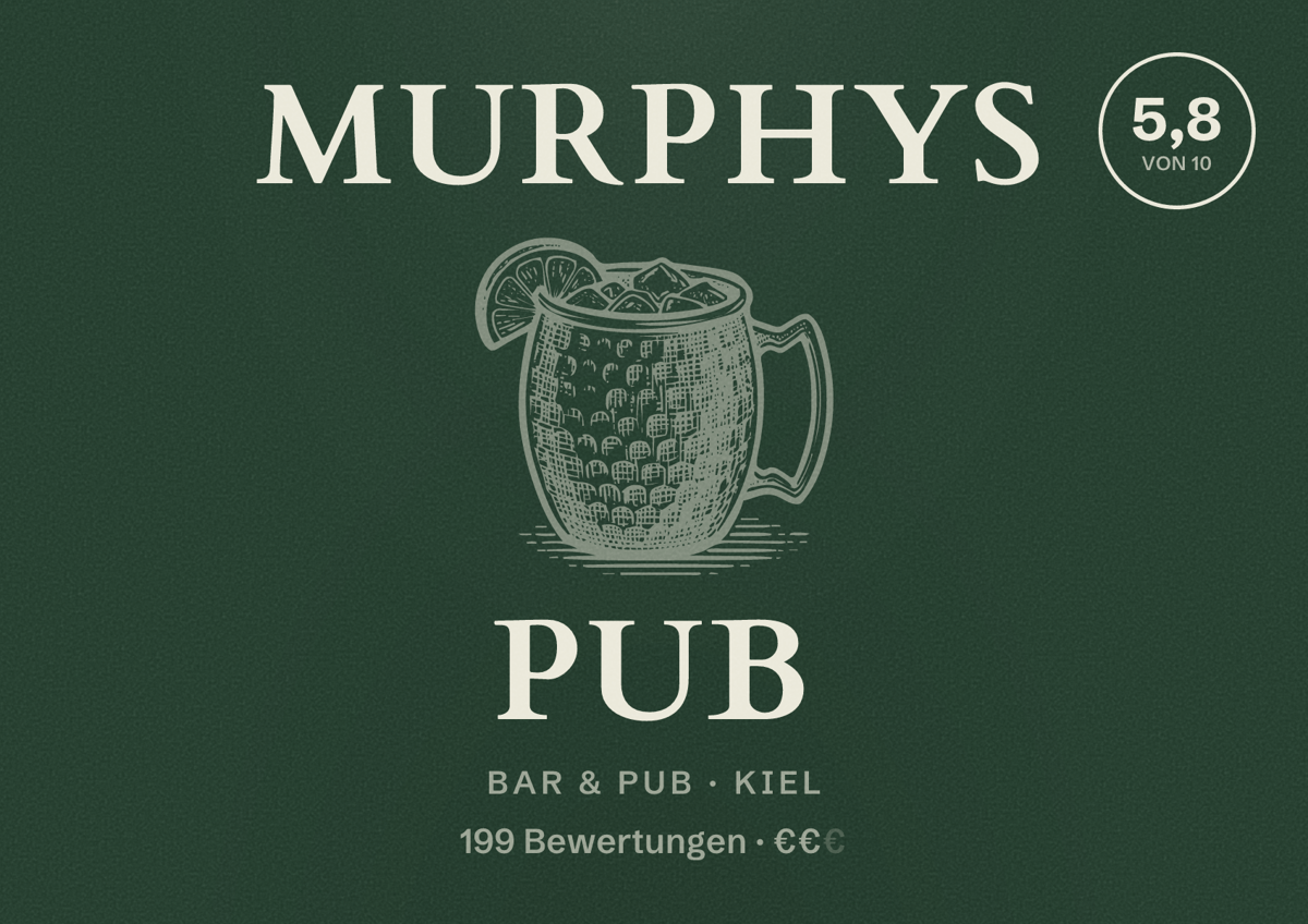 Illustriertes Poster von Murphys Pub, Bar & Pub in Kiel: Bewertung 5,8 von 10 aus 199 Bewertungen, Preisniveau €€