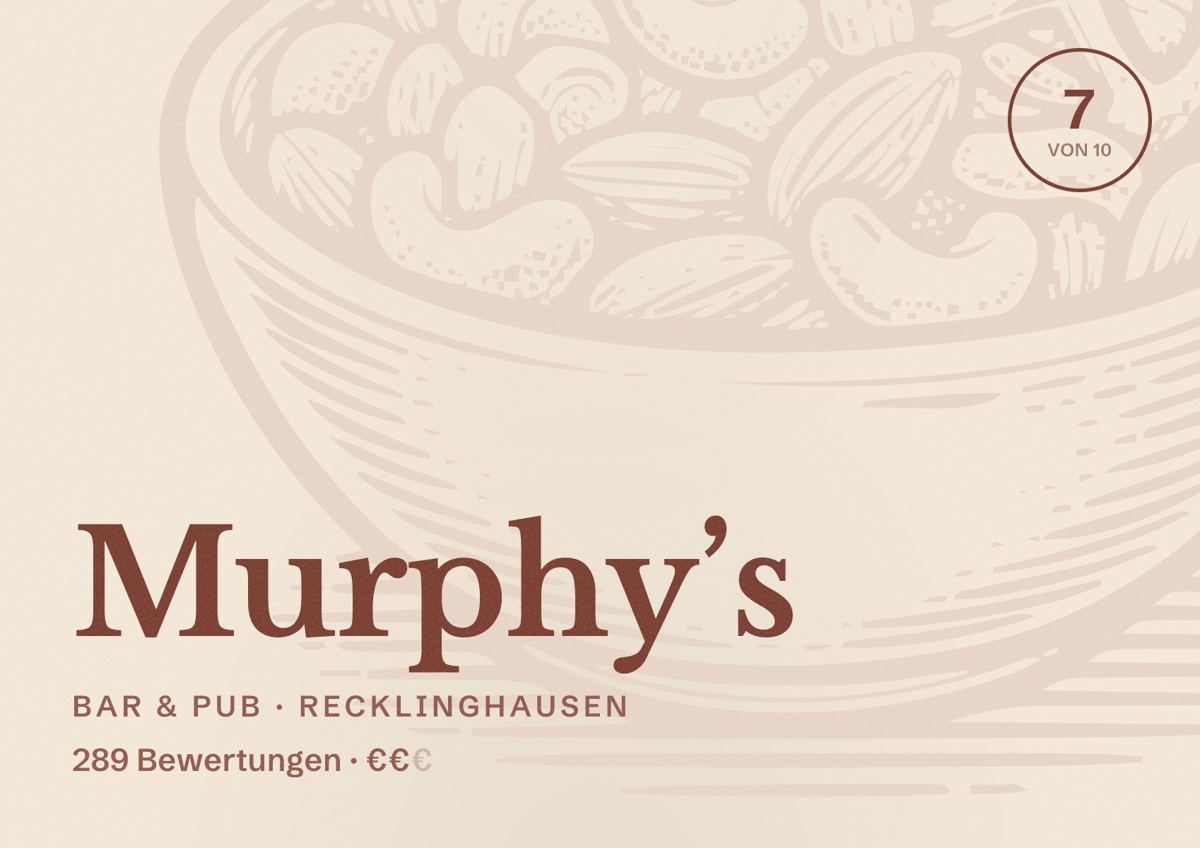 Illustriertes Poster von Murphy’s, Bar & Pub in Recklinghausen: Bewertung 7 von 10 aus 289 Bewertungen, Preisniveau €€
