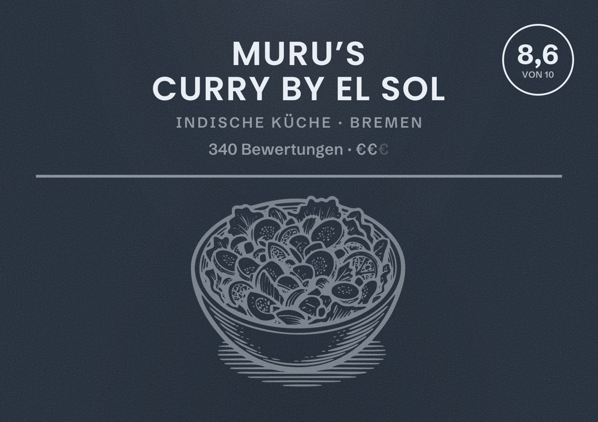 Illustriertes Poster von MURU’S CURRY by El Sol, Indische Küche in Bremen: Bewertung 8,6 von 10 aus 340 Bewertungen, Preisniveau €€