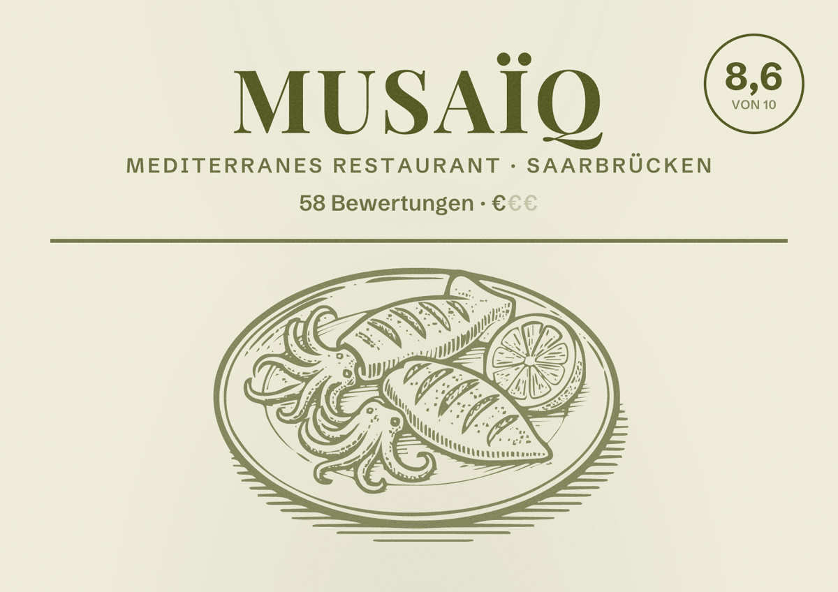 Illustriertes Poster von Musaïq, Mediterranes Restaurant in Saarbrücken: Bewertung 8,6 von 10 aus 58 Bewertungen, Preisniveau €