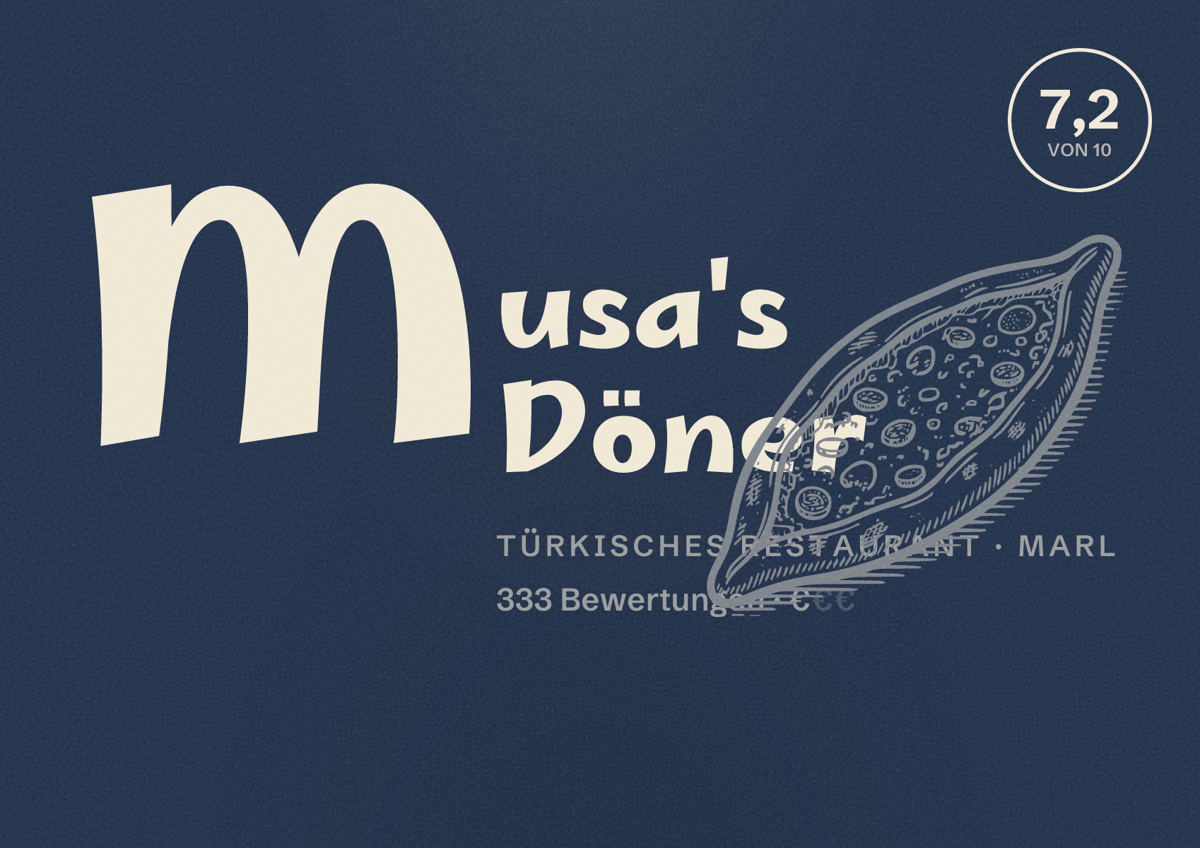 Illustriertes Poster von Musa's Döner, Türkisches Restaurant in Marl: Bewertung 7,2 von 10 aus 333 Bewertungen, Preisniveau €