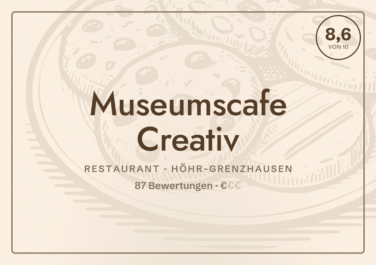 Illustriertes Poster von Museumscafe Creativ, Restaurant in Höhr-Grenzhausen: Bewertung 8,6 von 10 aus 87 Bewertungen, Preisniveau €
