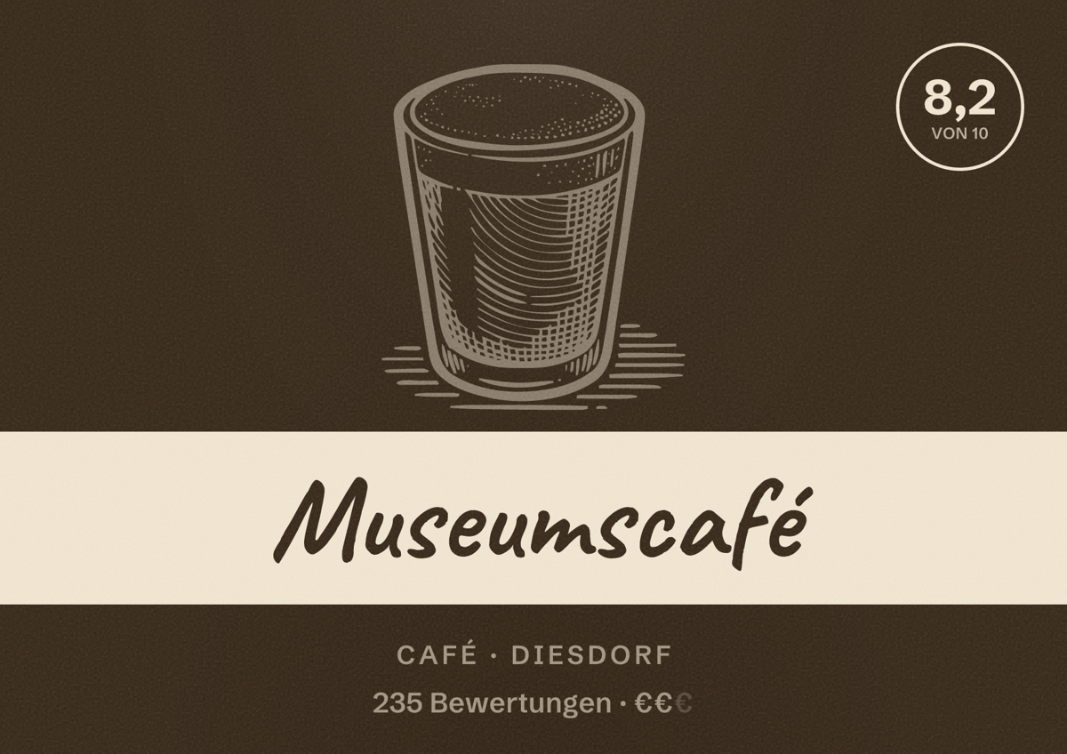 Illustriertes Poster von Museumscafé, Café in Diesdorf: Bewertung 8,2 von 10 aus 235 Bewertungen, Preisniveau €€