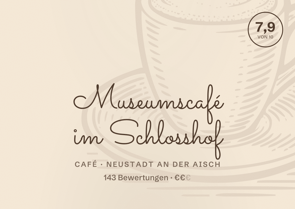 Illustriertes Poster von Museumscafé im Schlosshof, Café in Neustadt an der Aisch: Bewertung 7,9 von 10 aus 143 Bewertungen, Preisniveau €€