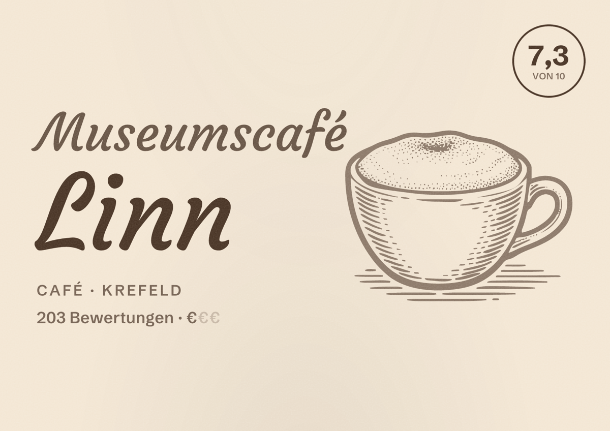 Illustriertes Poster von Museumscafé Linn, Café in Krefeld: Bewertung 7,3 von 10 aus 203 Bewertungen, Preisniveau €