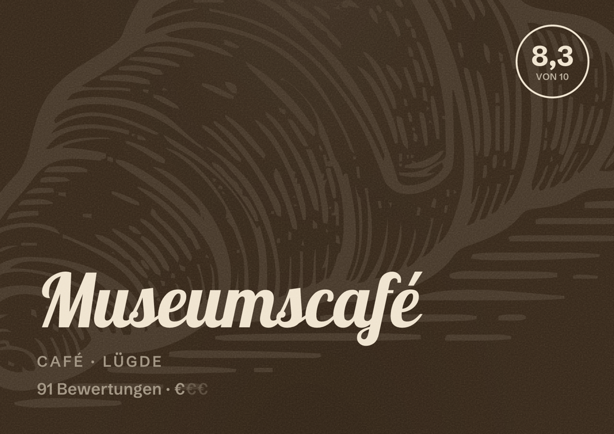 Illustriertes Poster von Museumscafé, Café in Lügde: Bewertung 8,3 von 10 aus 91 Bewertungen, Preisniveau €