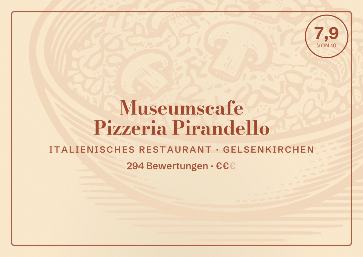 Illustriertes Poster von Museumscafe Pizzeria Pirandello, Italienisches Restaurant in Gelsenkirchen: Bewertung 7,9 von 10 aus 294 Bewertungen, Preisniveau €€