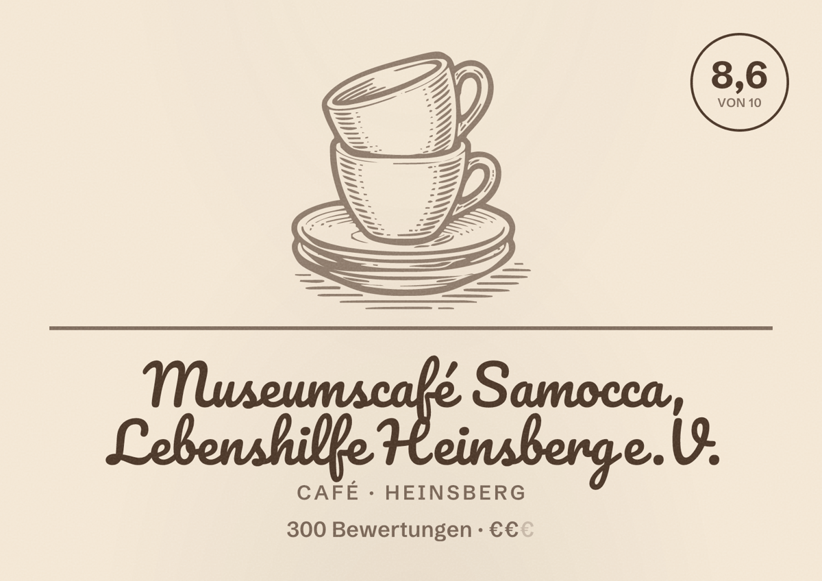 Illustriertes Poster von Museumscafé Samocca, Lebenshilfe Heinsberg e.V., Café in Heinsberg: Bewertung 8,6 von 10 aus 300 Bewertungen, Preisniveau €€