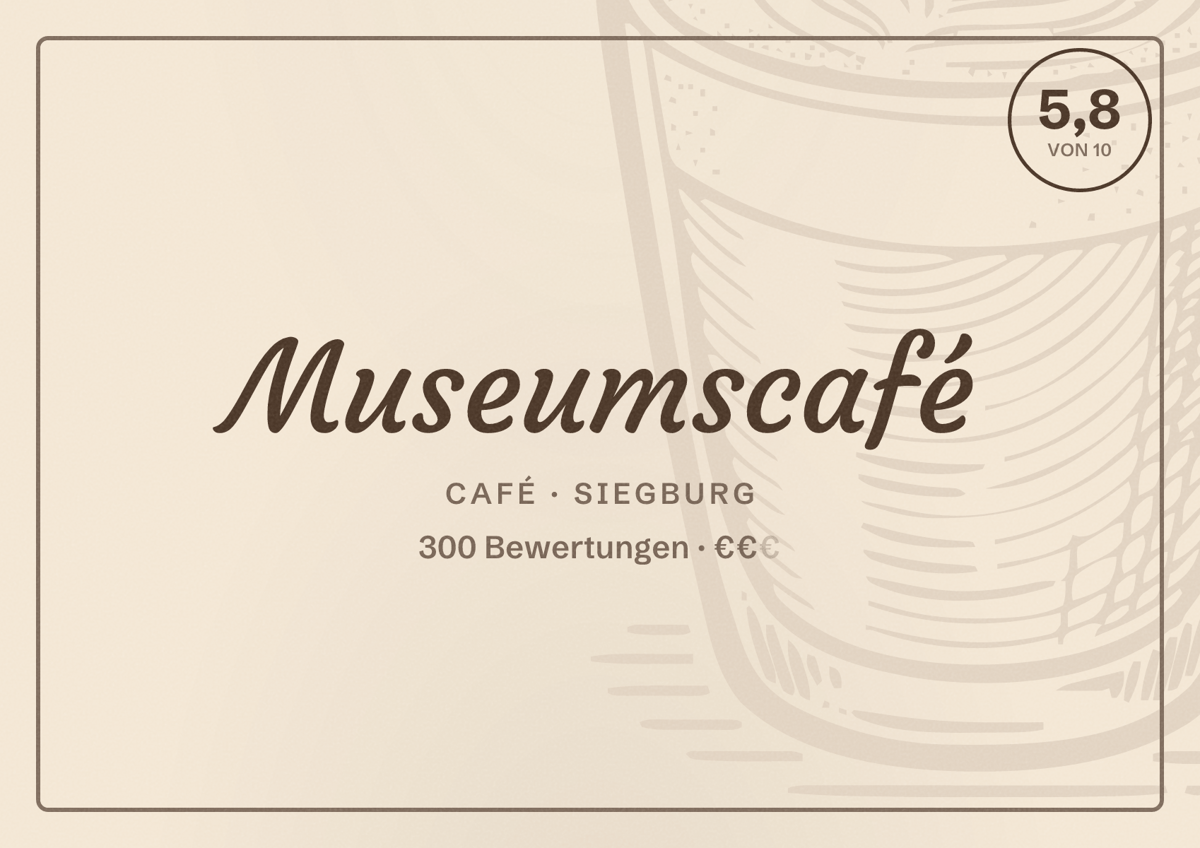 Illustriertes Poster von Museumscafé, Café in Siegburg: Bewertung 5,8 von 10 aus 300 Bewertungen, Preisniveau €€