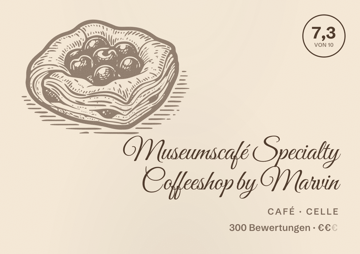 Illustriertes Poster von Museumscafé Specialty Coffeeshop by Marvin, Café in Celle: Bewertung 7,3 von 10 aus 300 Bewertungen, Preisniveau €€