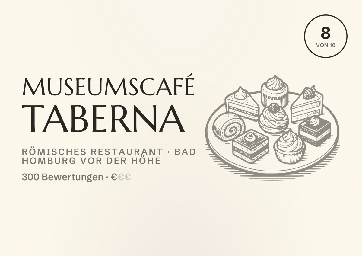 Illustriertes Poster von Museumscafé Taberna, Römisches Restaurant in Bad Homburg vor der Höhe: Bewertung 8 von 10 aus 300 Bewertungen, Preisniveau €