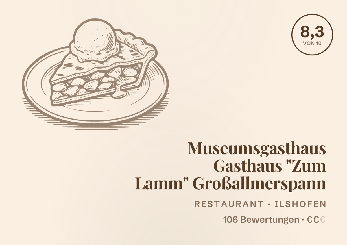 Illustriertes Poster von Museumsgasthaus Gasthaus "Zum Lamm" Großallmerspann, Restaurant in Ilshofen: Bewertung 8,3 von 10 aus 106 Bewertungen, Preisniveau €€