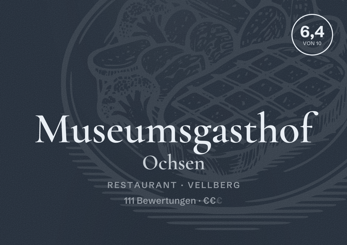 Illustriertes Poster von Museumsgasthof Ochsen, Restaurant in Vellberg: Bewertung 6,4 von 10 aus 111 Bewertungen, Preisniveau €€