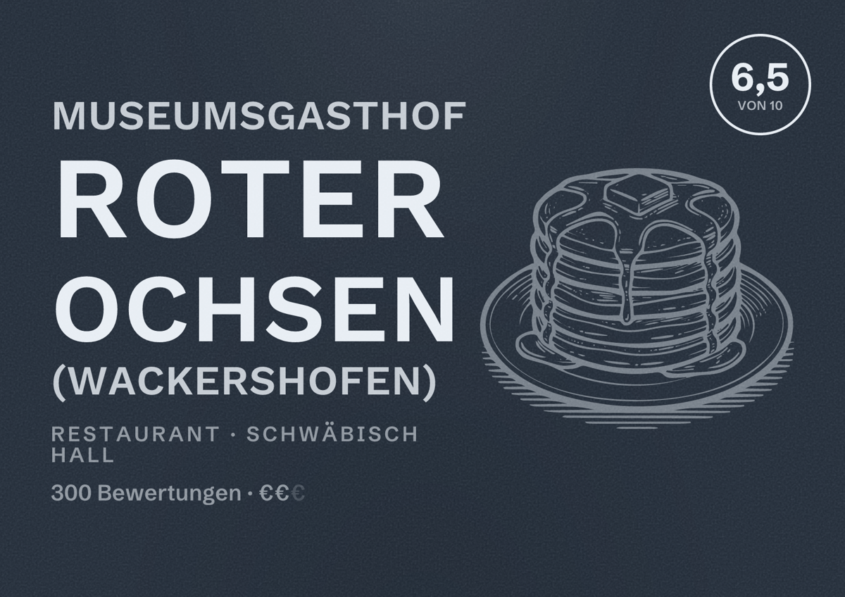 Illustriertes Poster von Museumsgasthof Roter Ochsen (Wackershofen), Restaurant in Schwäbisch Hall: Bewertung 6,5 von 10 aus 300 Bewertungen, Preisniveau €€