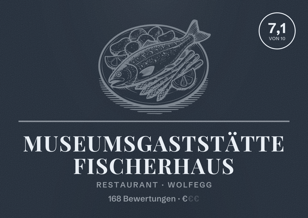 Illustriertes Poster von Museumsgaststätte Fischerhaus, Restaurant in Wolfegg: Bewertung 7,1 von 10 aus 168 Bewertungen, Preisniveau €