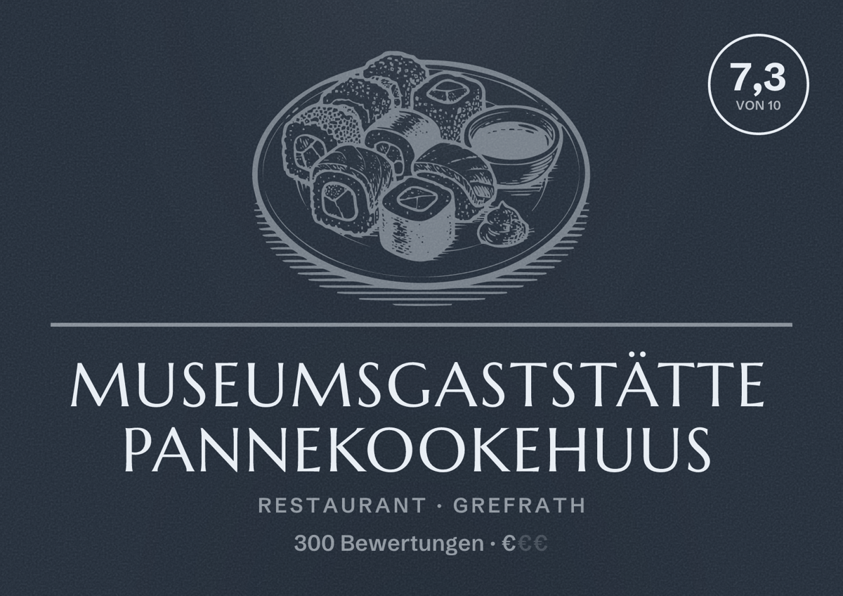 Illustriertes Poster von Museumsgaststätte Pannekookehuus, Restaurant in Grefrath: Bewertung 7,3 von 10 aus 300 Bewertungen, Preisniveau €