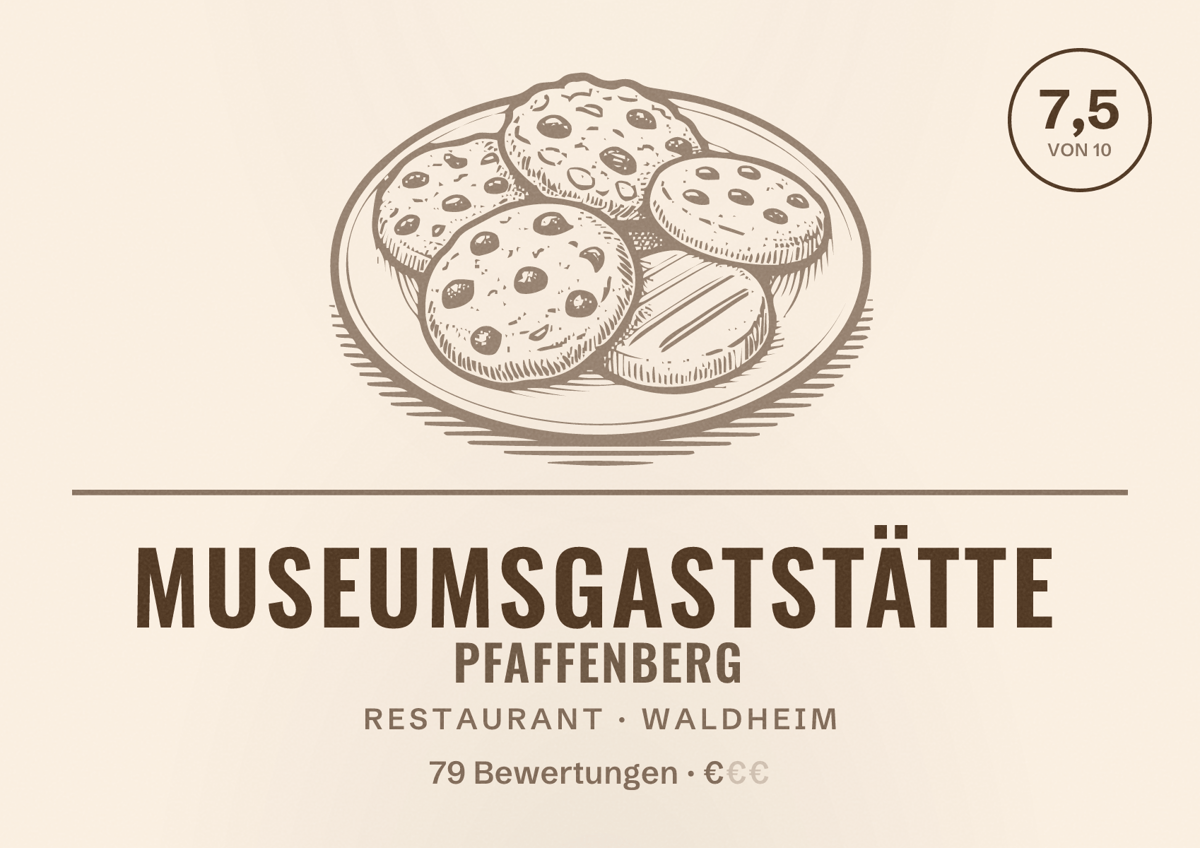 Illustriertes Poster von Museumsgaststätte Pfaffenberg, Restaurant in Waldheim: Bewertung 7,5 von 10 aus 79 Bewertungen, Preisniveau €