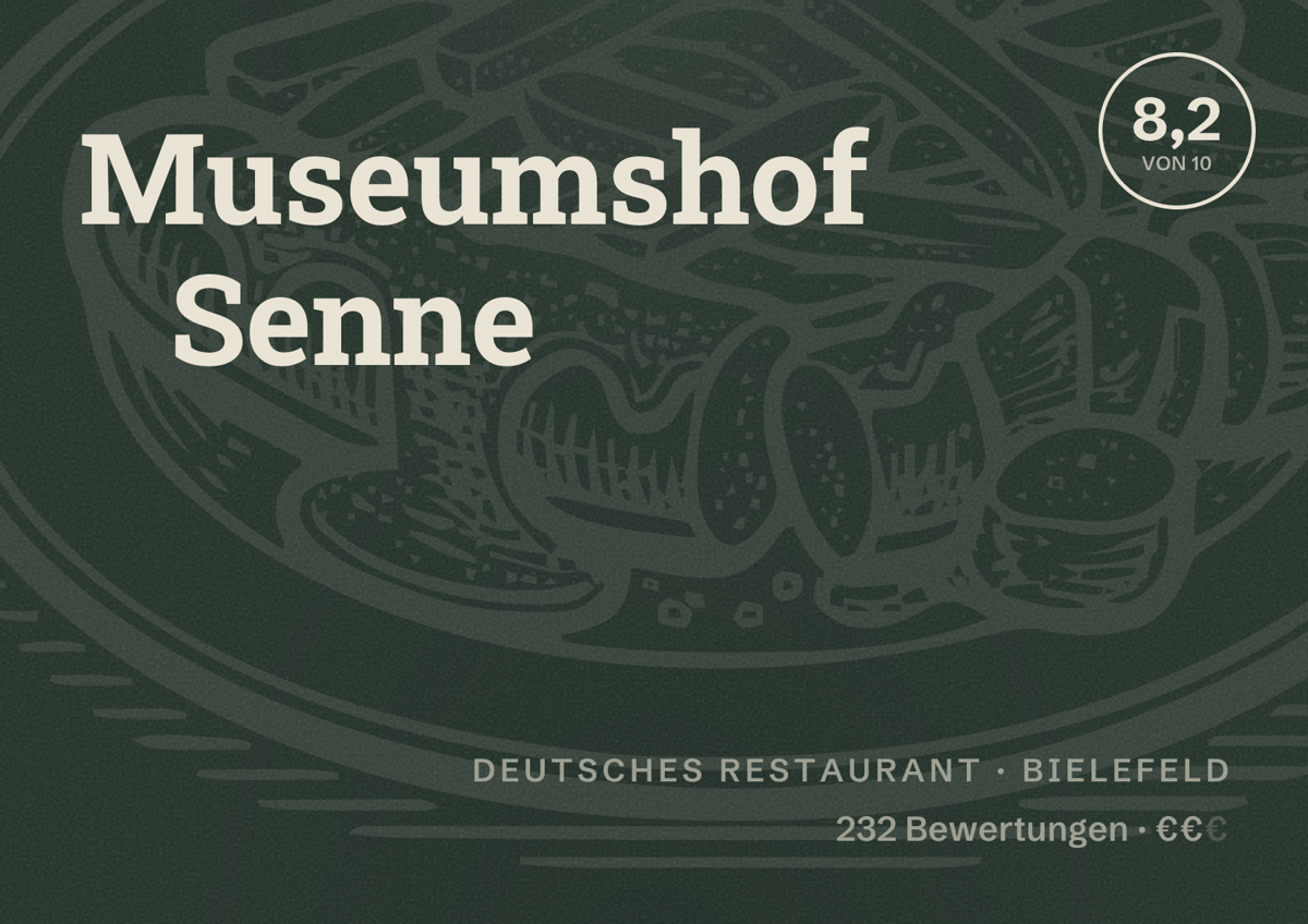 Illustriertes Poster von Museumshof Senne, Deutsches Restaurant in Bielefeld: Bewertung 8,2 von 10 aus 232 Bewertungen, Preisniveau €€