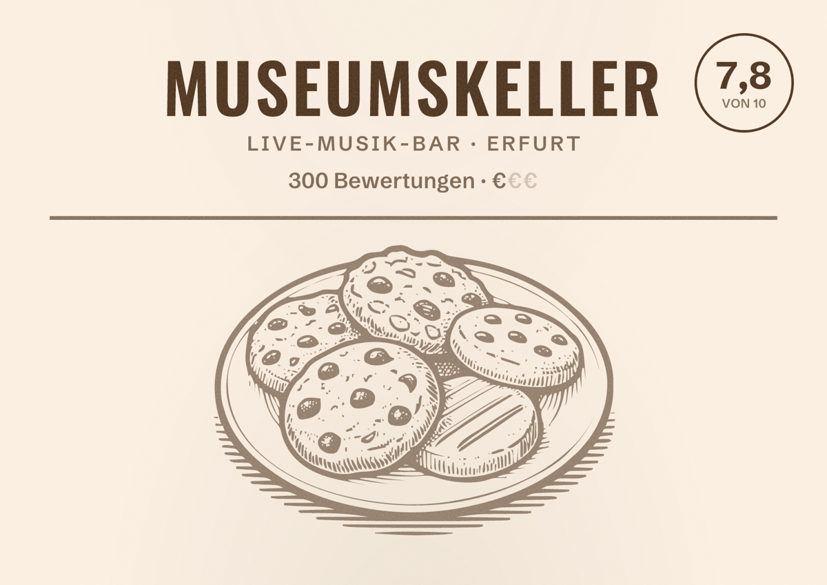 Illustriertes Poster von Museumskeller, Live-Musik-Bar in Erfurt: Bewertung 7,8 von 10 aus 300 Bewertungen, Preisniveau €