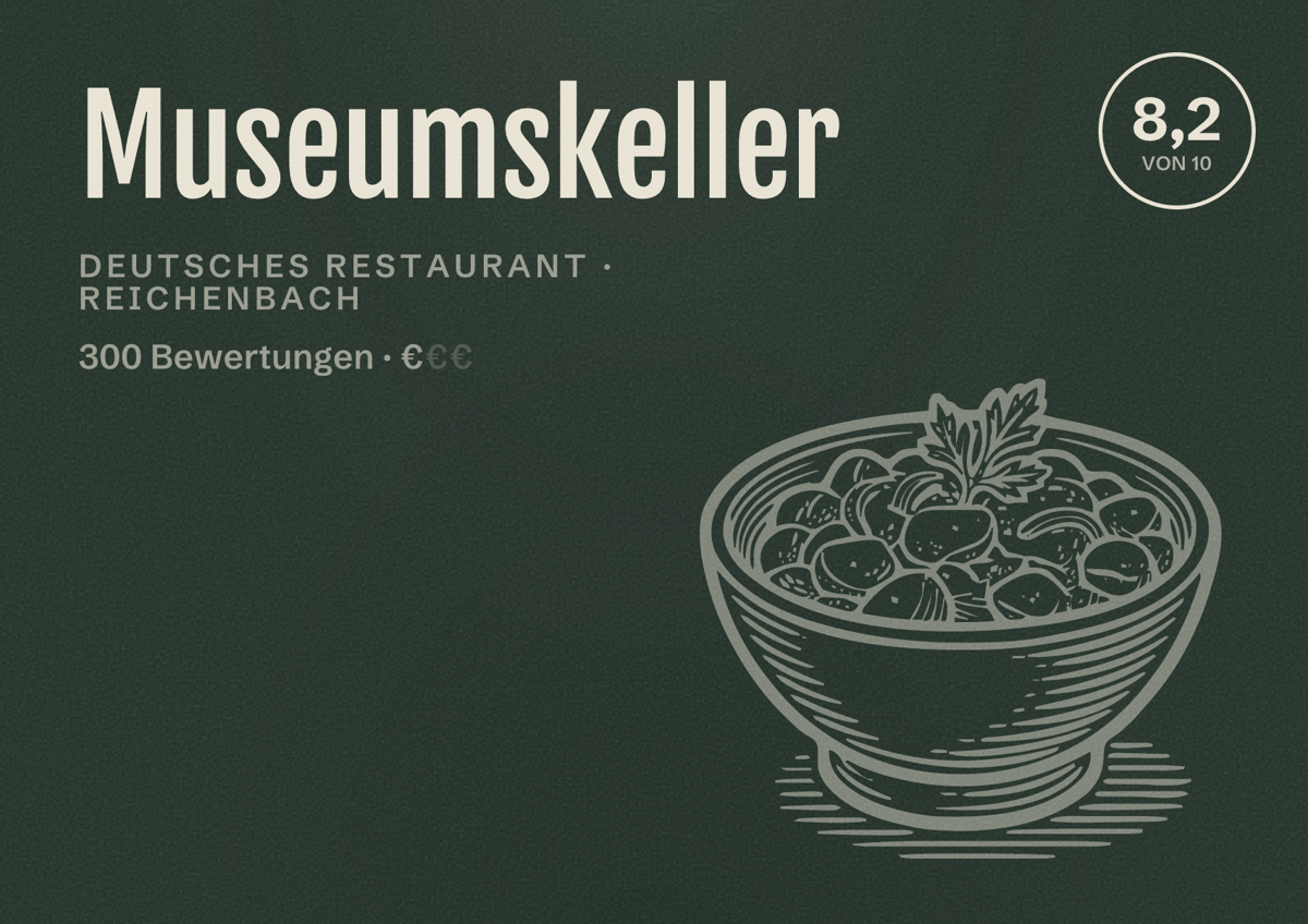 Illustriertes Poster von Museumskeller, Deutsches Restaurant in Reichenbach: Bewertung 8,2 von 10 aus 300 Bewertungen, Preisniveau €