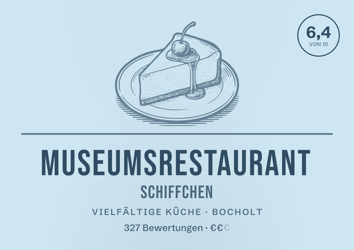 Illustriertes Poster von Museumsrestaurant Schiffchen, Vielfältige Küche in Bocholt: Gästebewertung 6,4 von 10 aus 327 Bewertungen