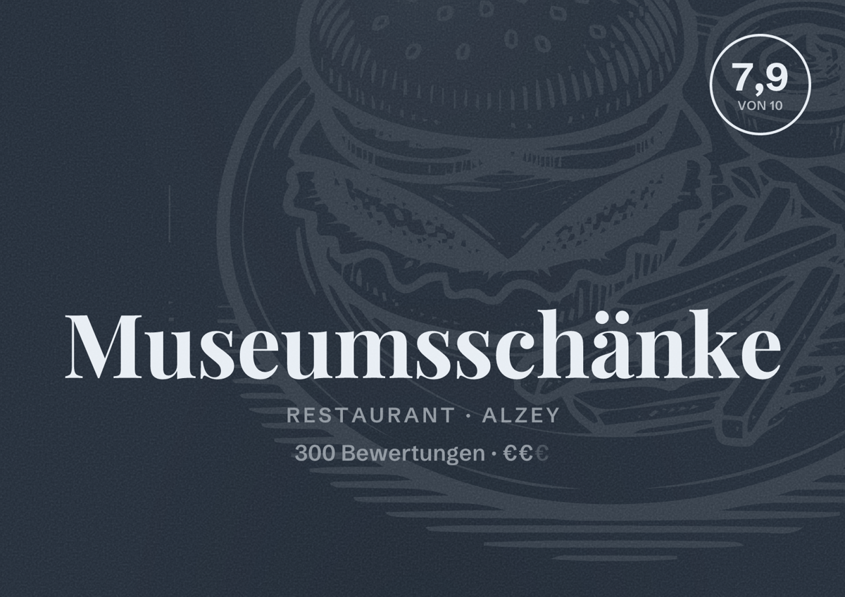 Illustriertes Poster von Museumsschänke, Restaurant in Alzey: Bewertung 7,9 von 10 aus 300 Bewertungen, Preisniveau €€