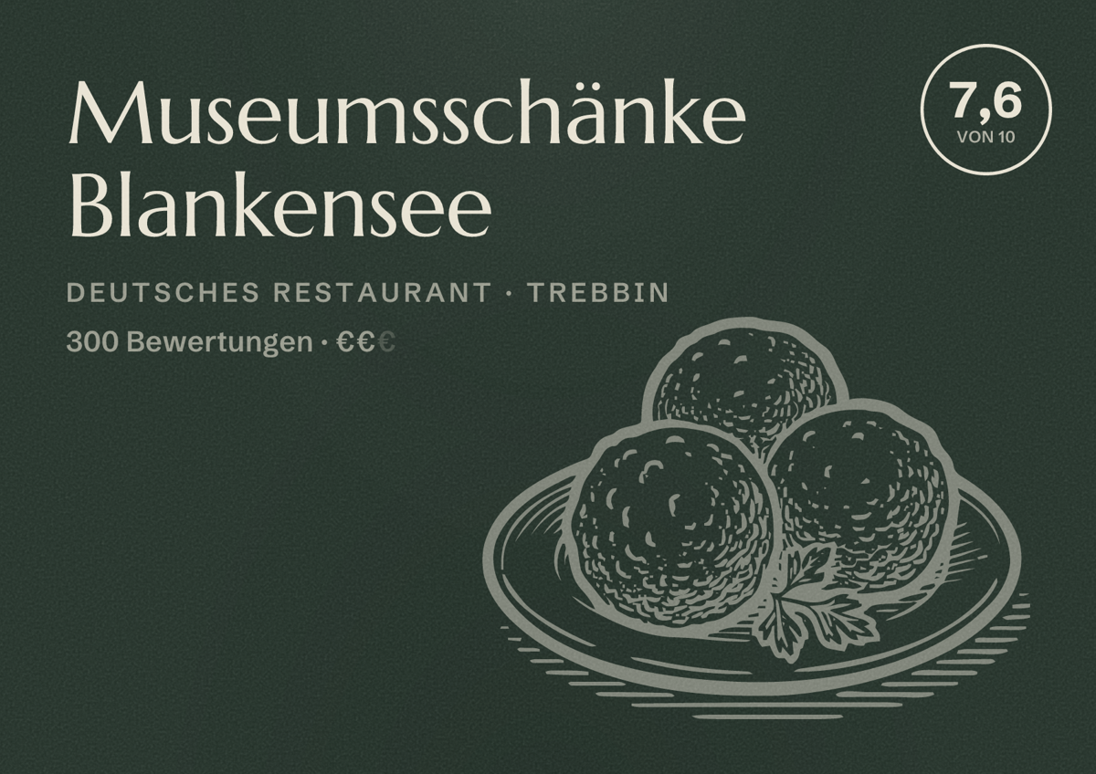 Illustriertes Poster von Museumsschänke Blankensee, Deutsches Restaurant in Trebbin: Bewertung 7,6 von 10 aus 300 Bewertungen, Preisniveau €€
