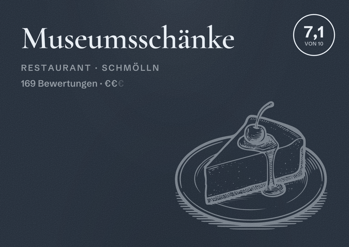 Illustriertes Poster von Museumsschänke, Restaurant in Schmölln: Bewertung 7,1 von 10 aus 169 Bewertungen, Preisniveau €€