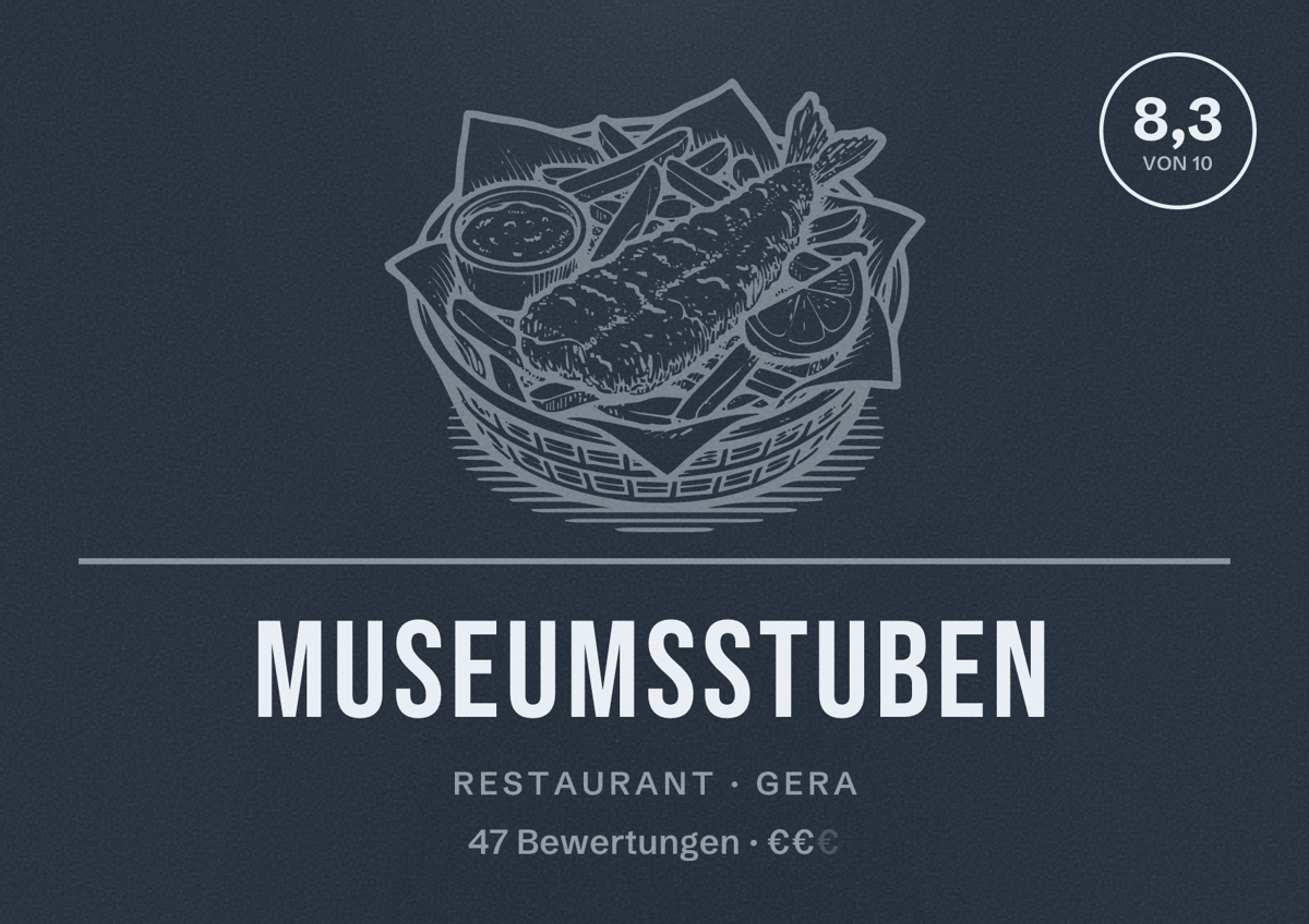Illustriertes Poster von Museumsstuben, Restaurant in Gera: Bewertung 8,3 von 10 aus 47 Bewertungen, Preisniveau €€